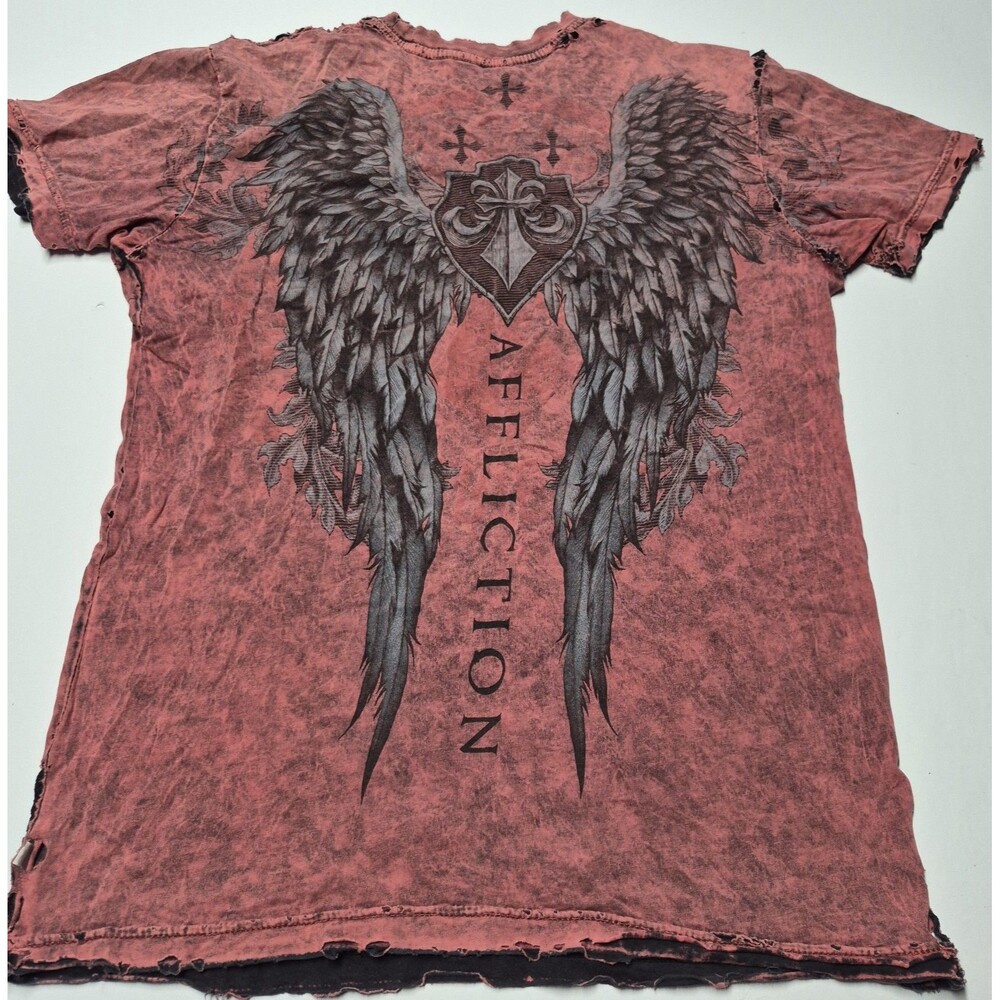 Affliction T Shirt Mens M Red Black Acid Wash Reversible Wings Y2K Graphic Tee